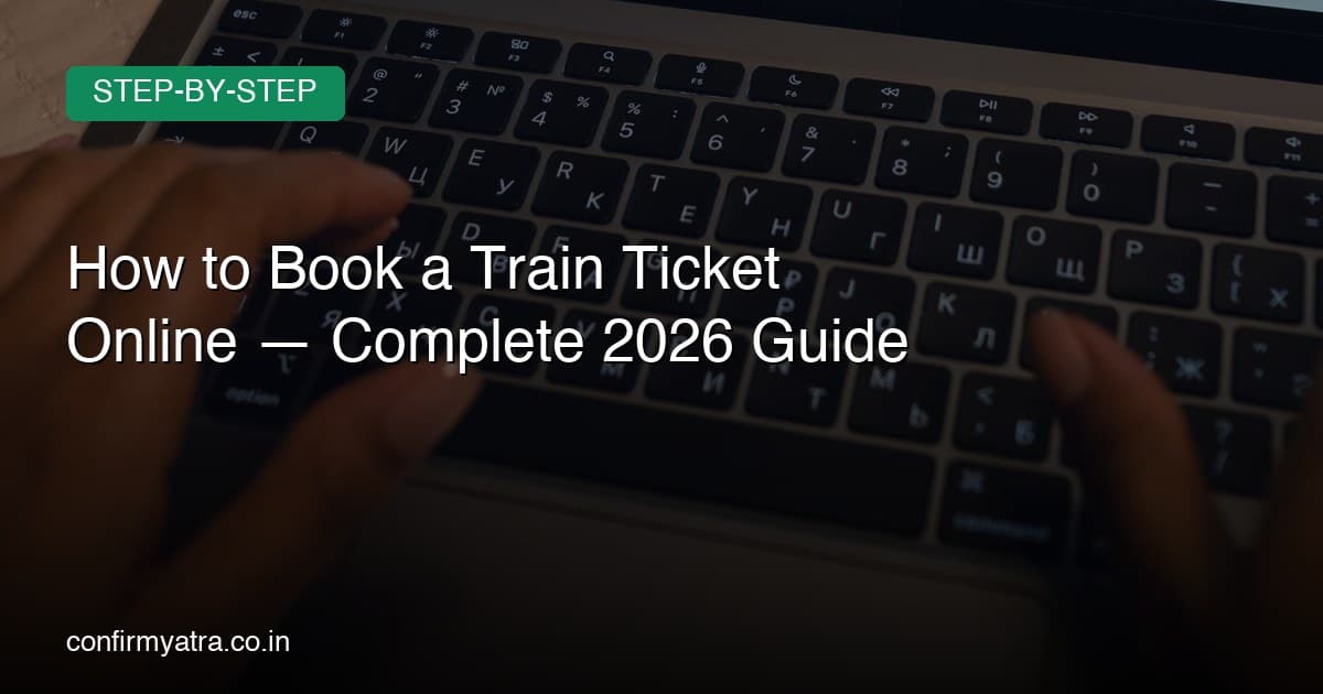 Traveller booking a train ticket online on a laptop with railway station in the background