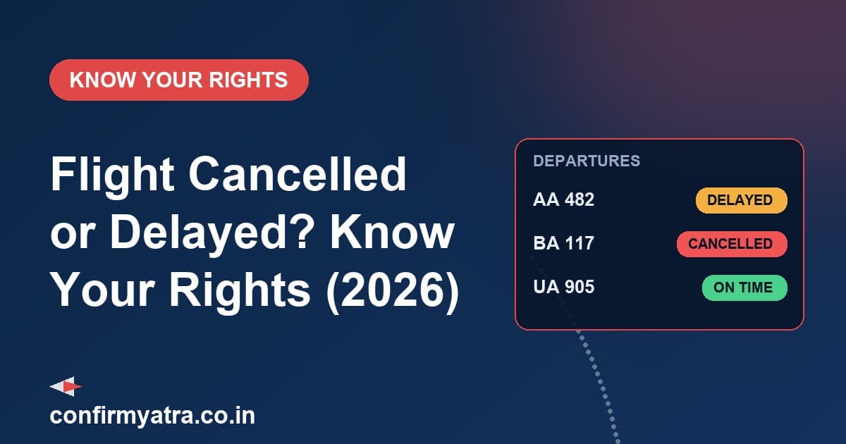 Flight cancellation and delay compensation guide 2026 — airport departures board showing delayed and cancelled flights and your passenger rights