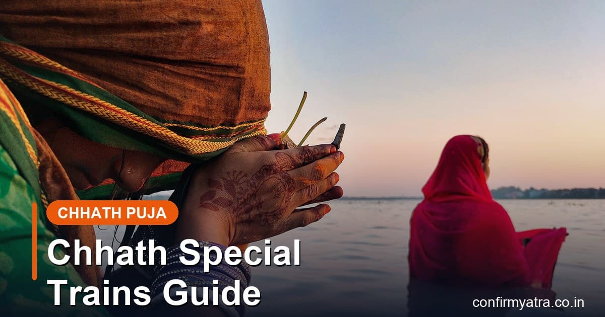 Devotee offering arghya at a river ghat during Chhath Puja at sunset — Chhath special trains booking guide