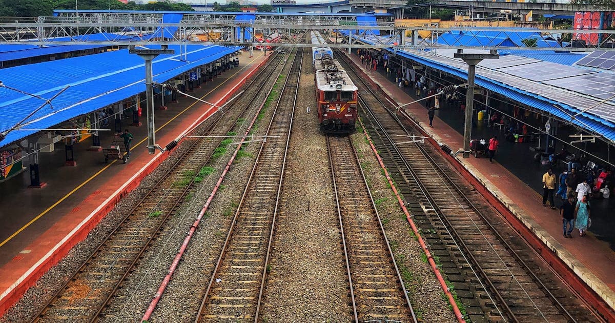 Aerial view of passenger train coaches at an Indian railway station
